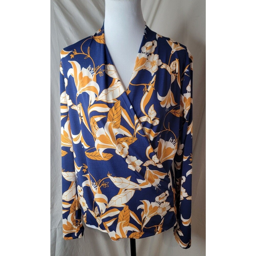 Rachel Roy Womens Wrap Top L Blue Yellow Floral V-Neck Long Sleeve Office Career